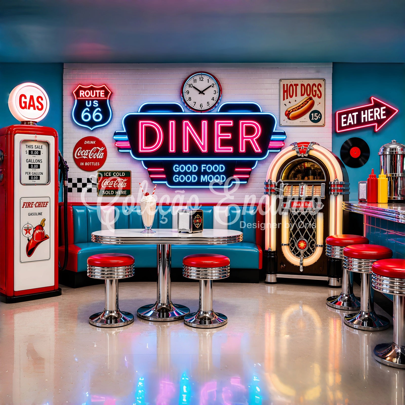 Newborn Photo Backdrop Retro Neon Diner Jukebox Booth Kids Photography Backdrop CEM65-9