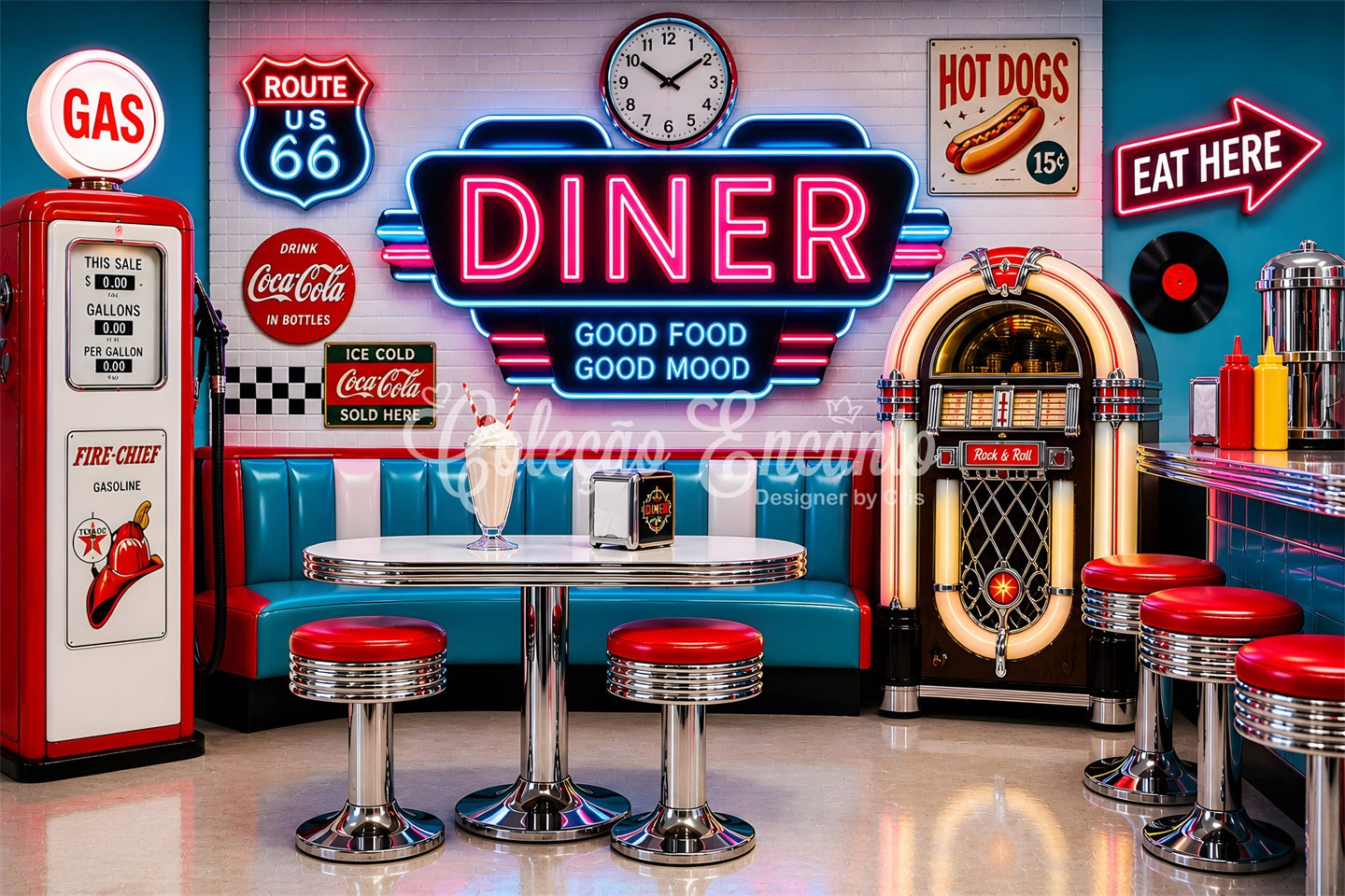 Newborn Photo Backdrop Retro Neon Diner Jukebox Booth Kids Photography Backdrop CEM65-9