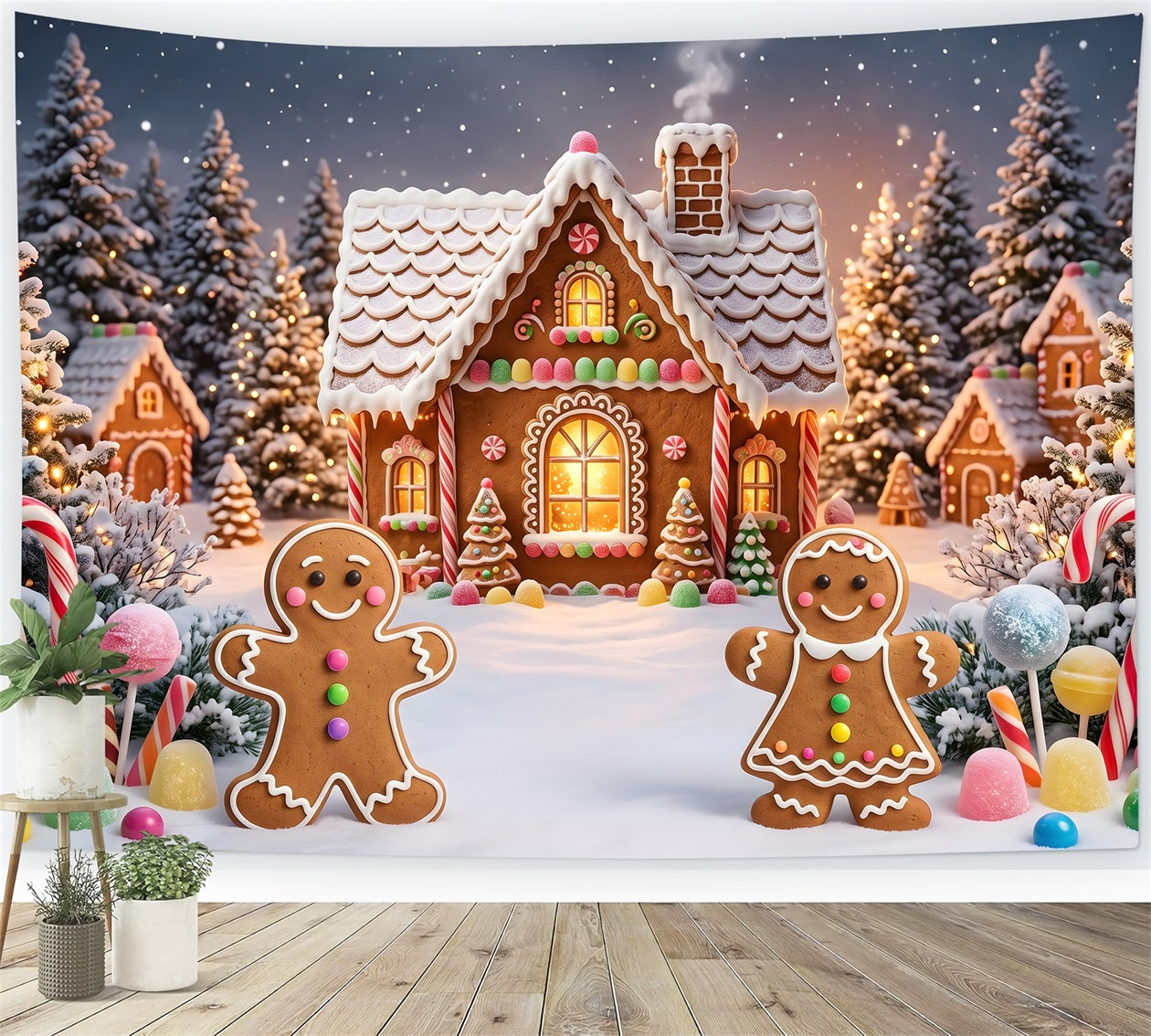 Christmas Village Backdrop Gingerbread Cottage Snow Forest Christmas Backdrops CEM65-93
