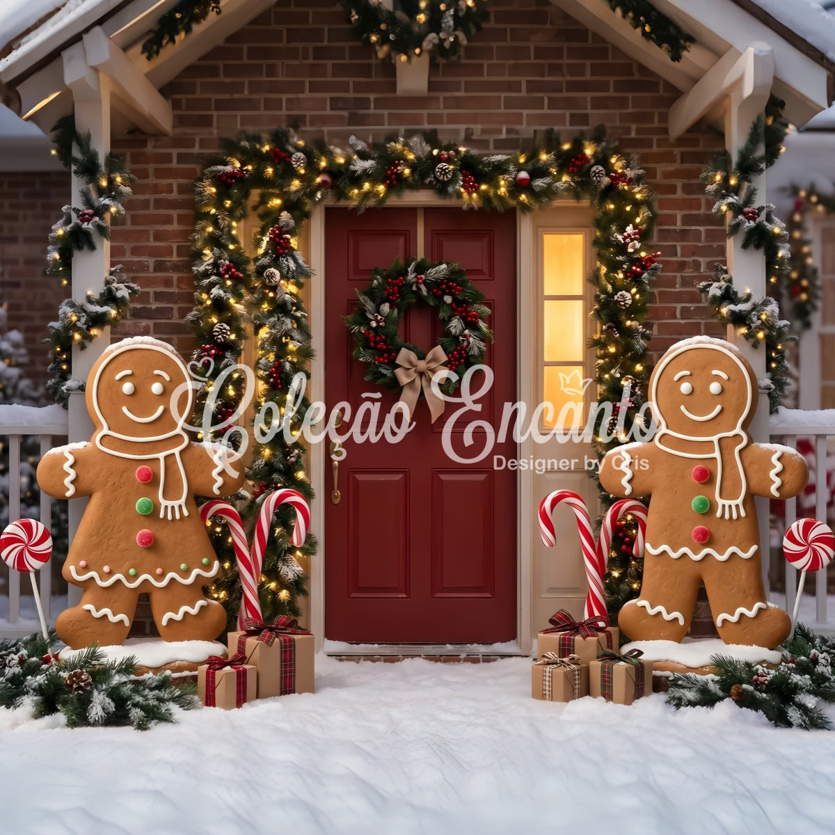 Backdrop Christmas Gingerbread Door Garland Candy Canes Christmas Photography Backdrop CEM65-94