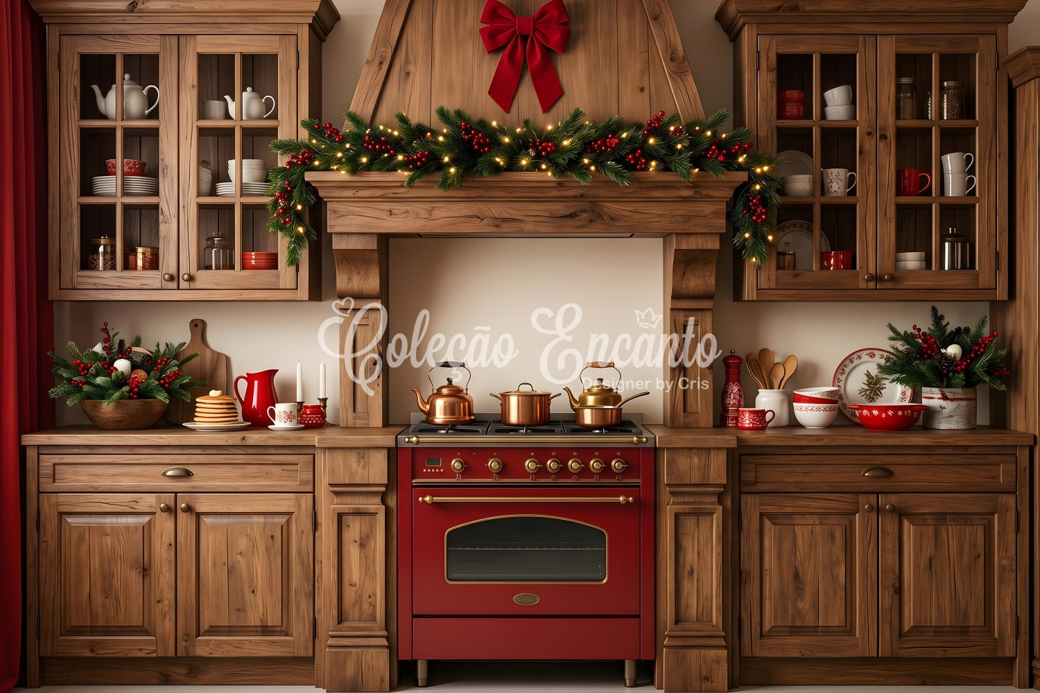 Christmas Kitchen Backdrop Rustic Holiday Pine Garland Christmas Photography Backdrops CEM65-96