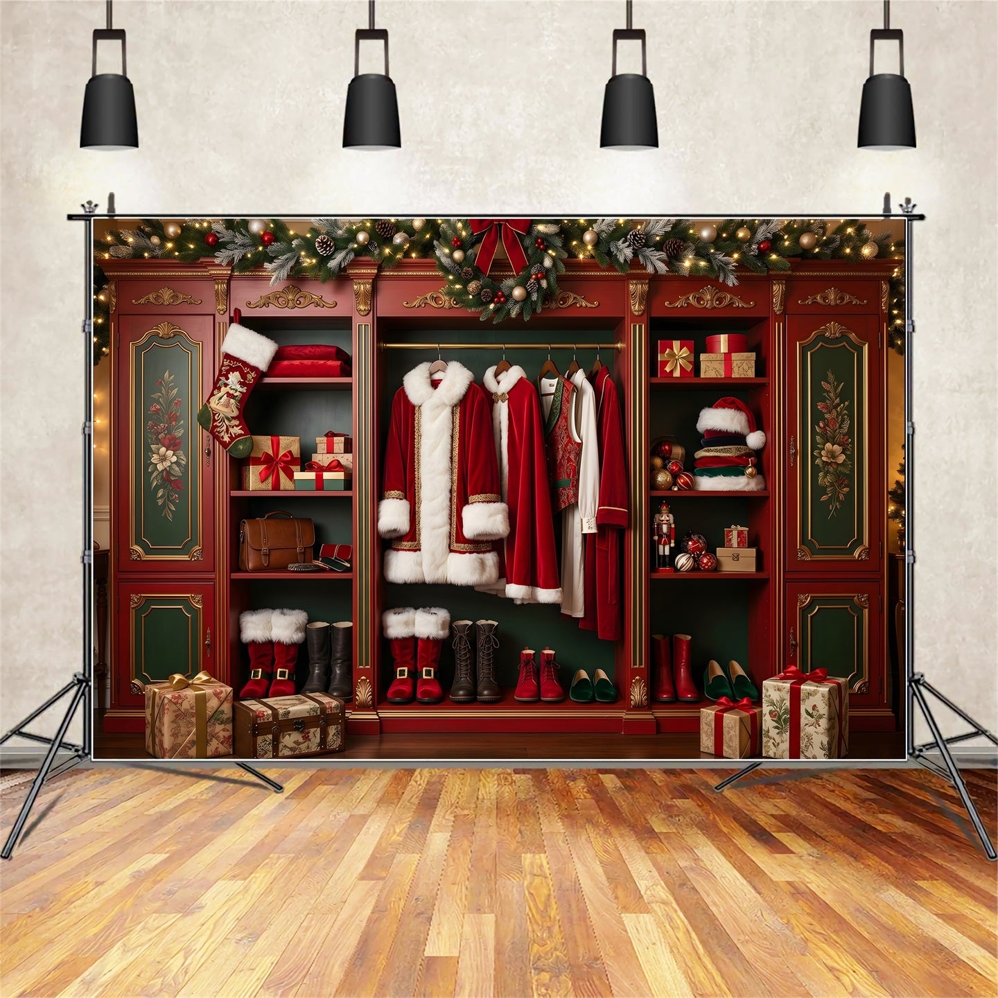 Vintage Christmas Backdrop Santa Wardrobe Holiday Closet Gifts Christmas Picture Backdrop CEM65-98