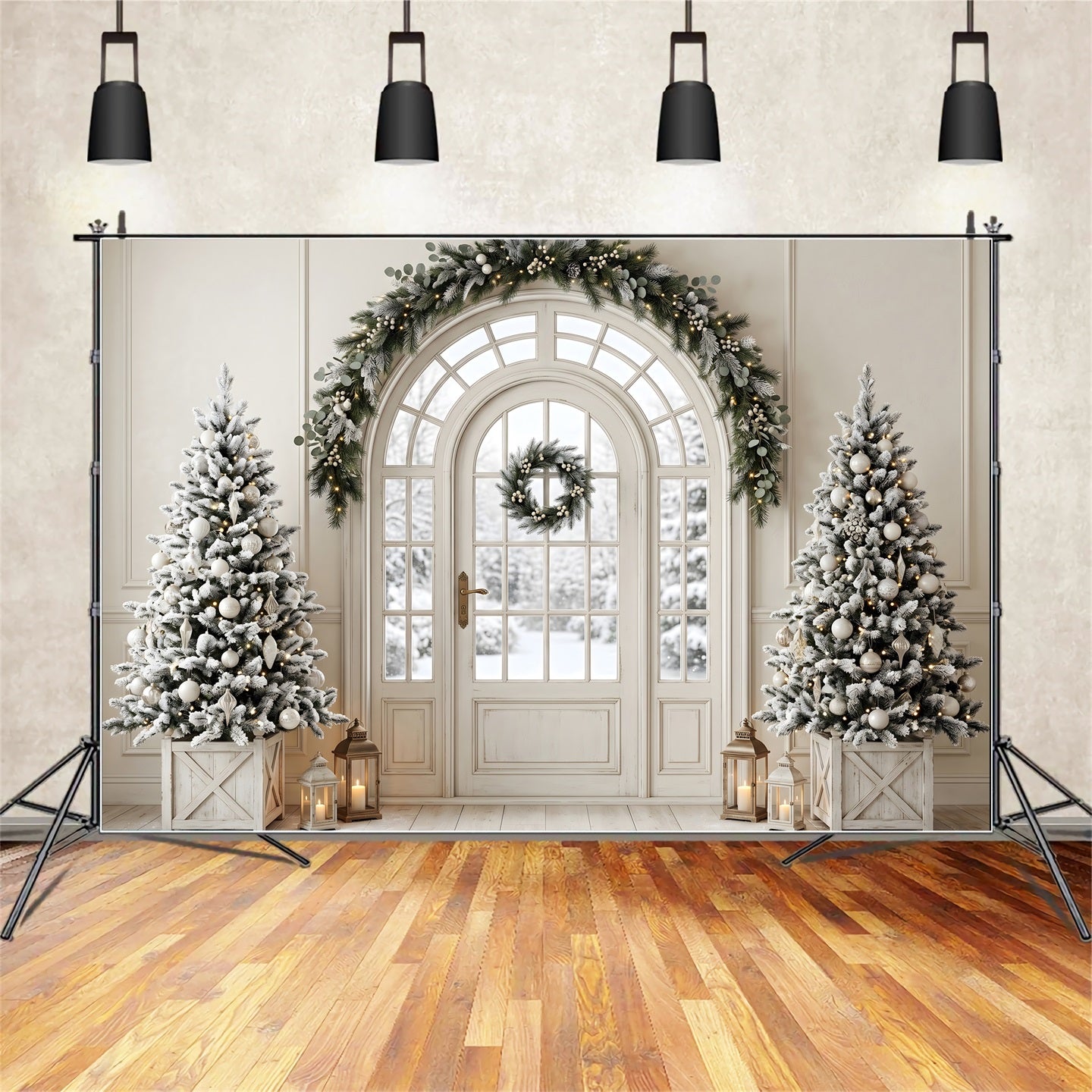 Christmas Living Room Backdrop Frosted Door Evergreen Lanterns Christmas Photo Backdrop CEM65-99