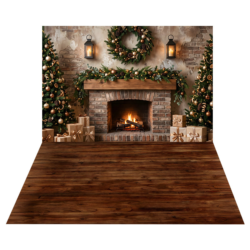 Rustic Brick Fireplace Backdrop+Dark Rustic Wood Floor Backdrop CEMCBS65-1