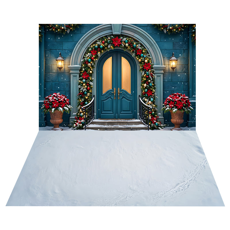 Blue Poinsettia Doorway Backdrop+Smooth Snowy Ice Floor Backdrop CEMCBS65-16