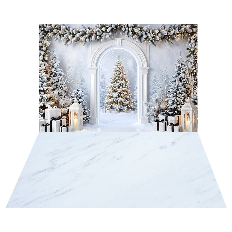 Snowy White Christmas Arch Backdrop+Soft Marble Veins Floor Backdrop CEMCBS65-26