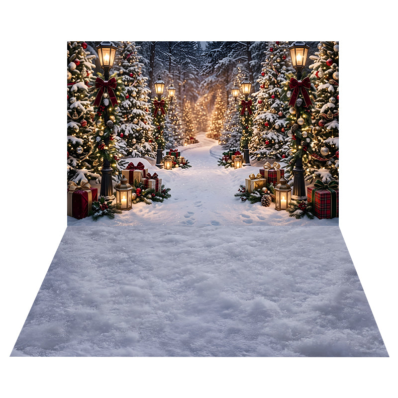 Festive Lantern Forest Path Backdrop+Cool Blue Snow Floor Backdrop CEMCBS65-28