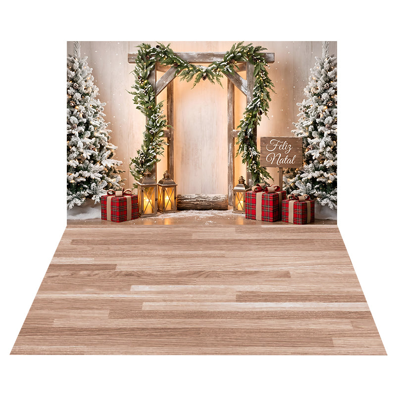 Snowy Rustic Garland Arch Backdrop+Light Oak Planks Floor Backdrop CEM