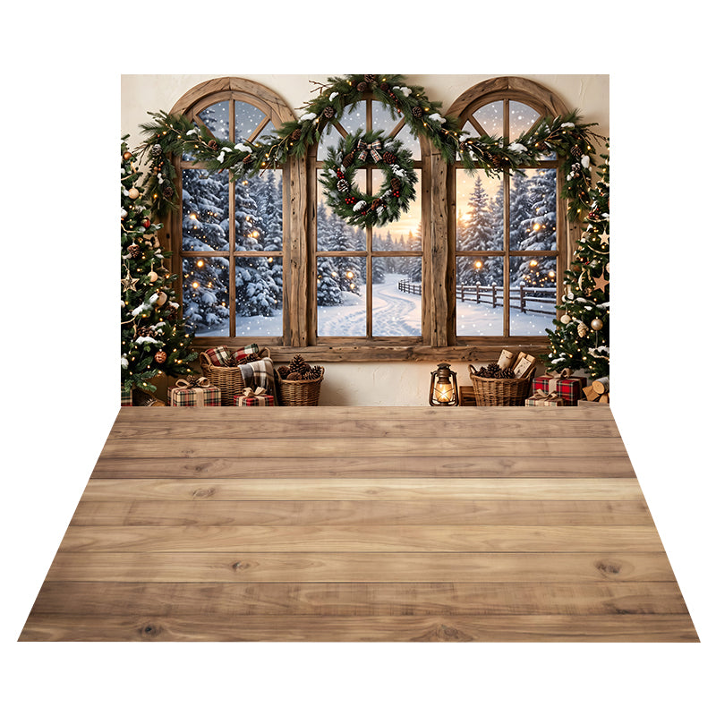 Snowy Arched Window View Backdrop+Natural Maple Wood Floor Backdrop CEMCBS65-35