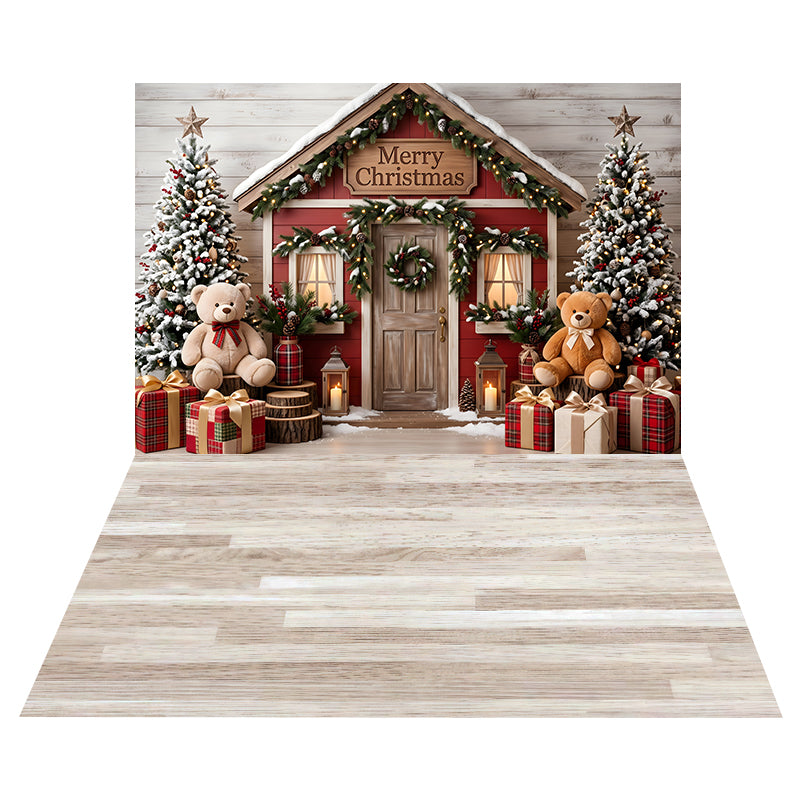 Teddy Bear Holiday Cottage Backdrop+Whitewashed Oak Wood Floor Backdrop CEMCBS65-38