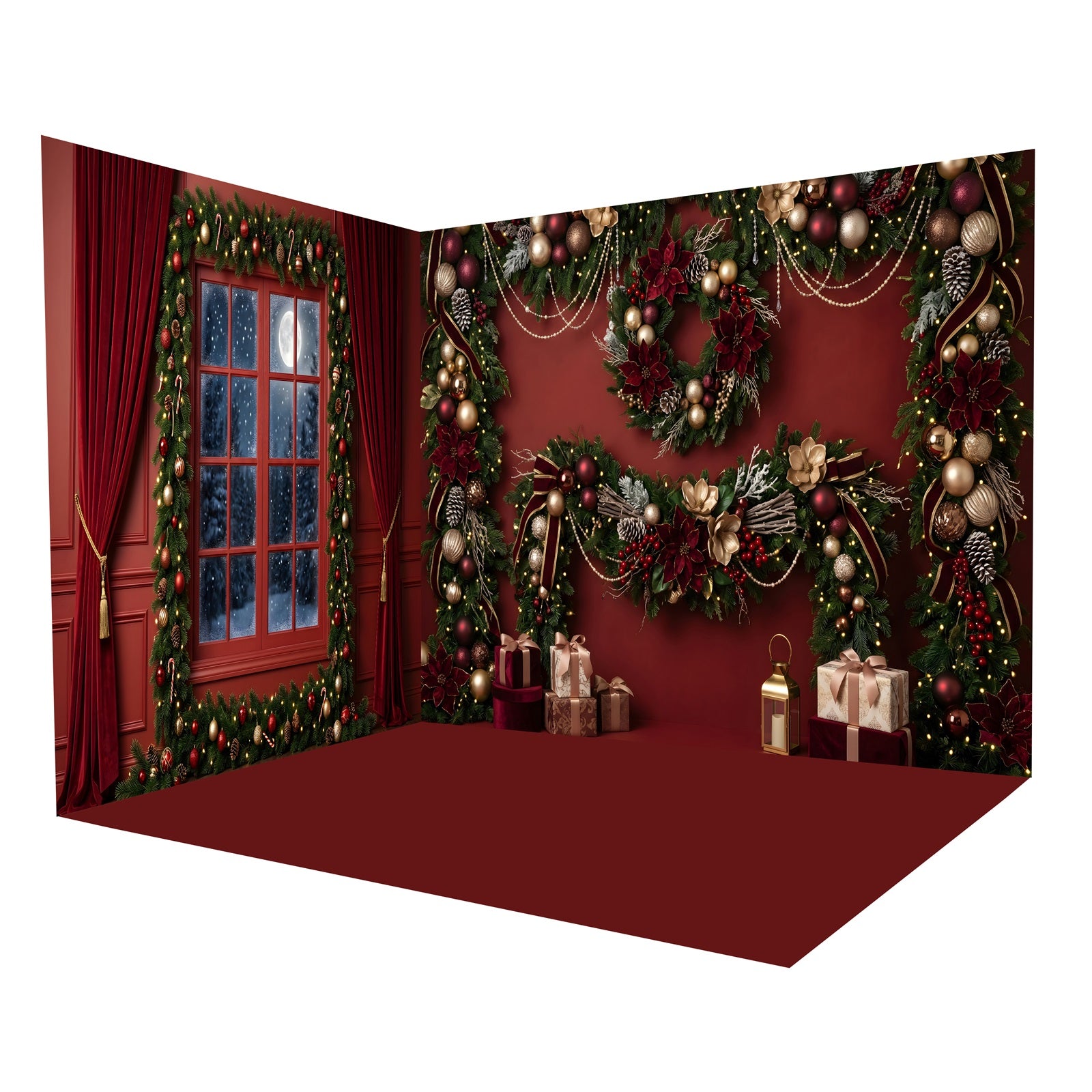 Christmas Photo Backdrop Burgundy Garland Wreath Backdrop Room Set CEMRMS65-3