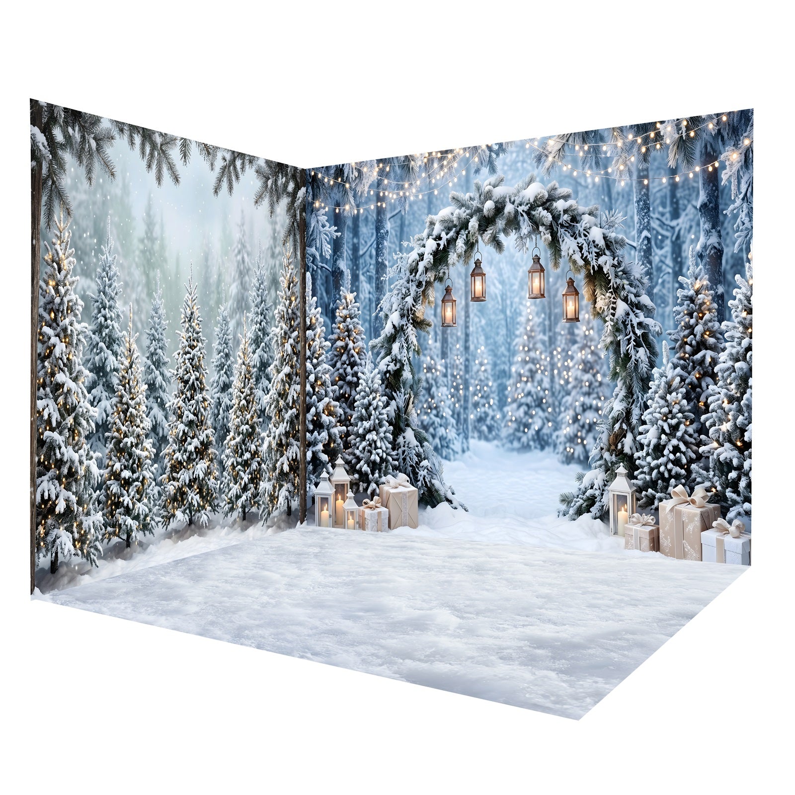 Christmas Tree Backdrop Snowy Evergreen Lantern Arch Backdrop Room Set CEMRMS65-8