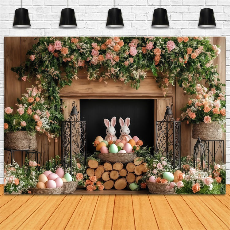 Easter Photo Backdrops Floral Bunny Fireplace Backdrop CJJ-169