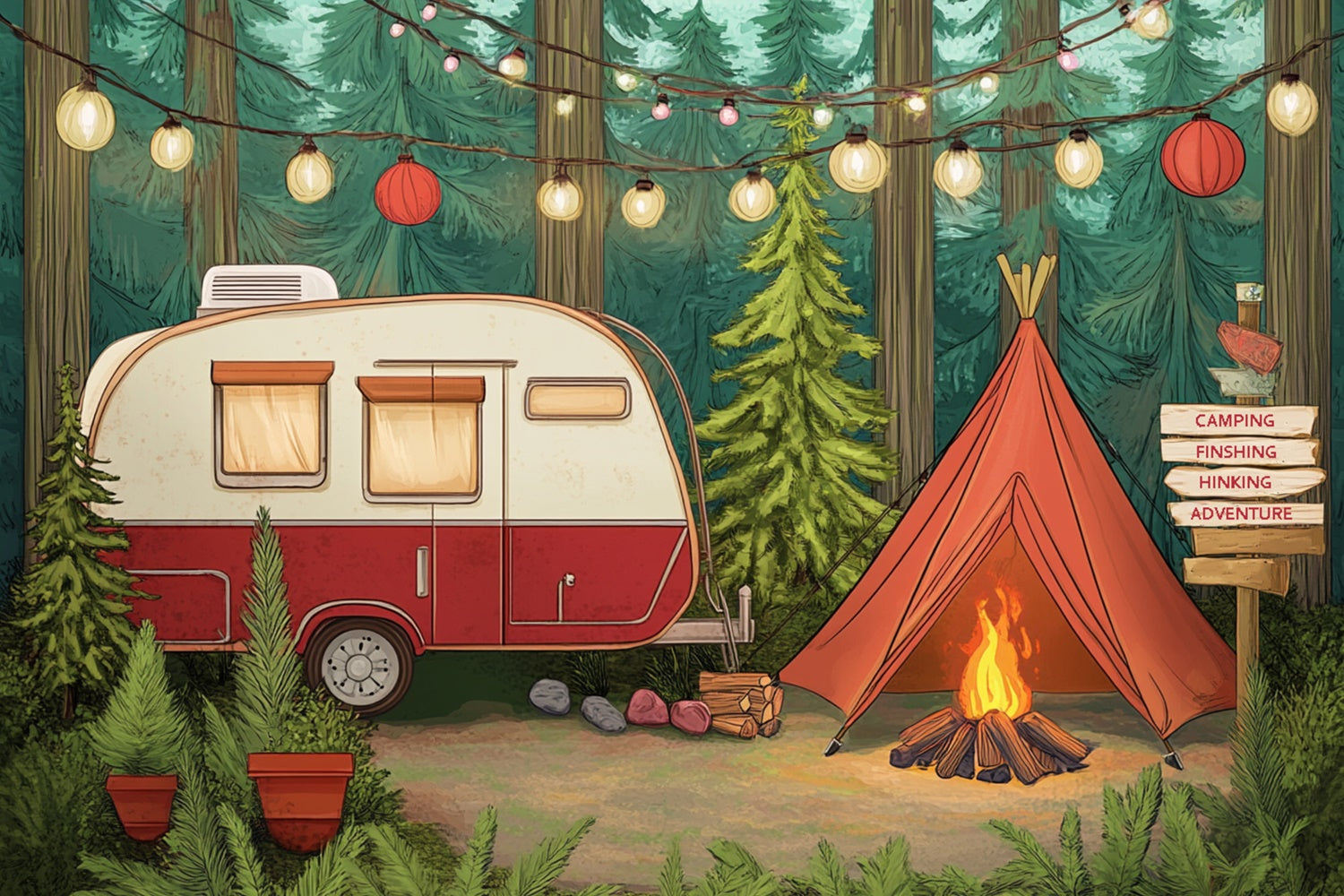 Staycation Backdrop Summer Photo Backdrop Light Strings Cozy Camper Backdrop CJJ3-252