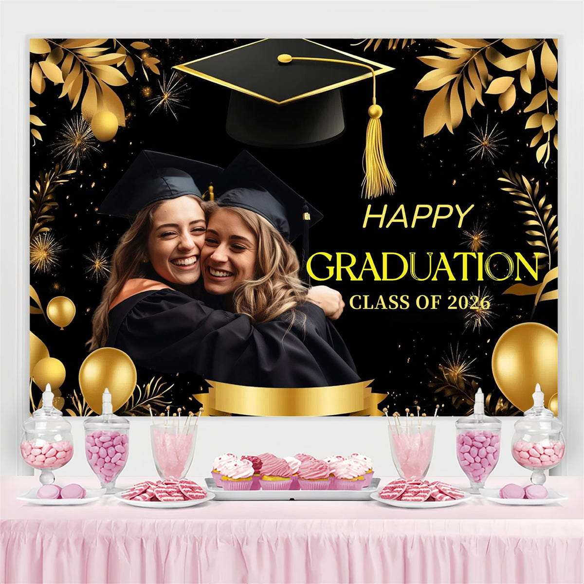 Graduation Backdrop Ideas Golden Cap Balloons Customized Party Graduat