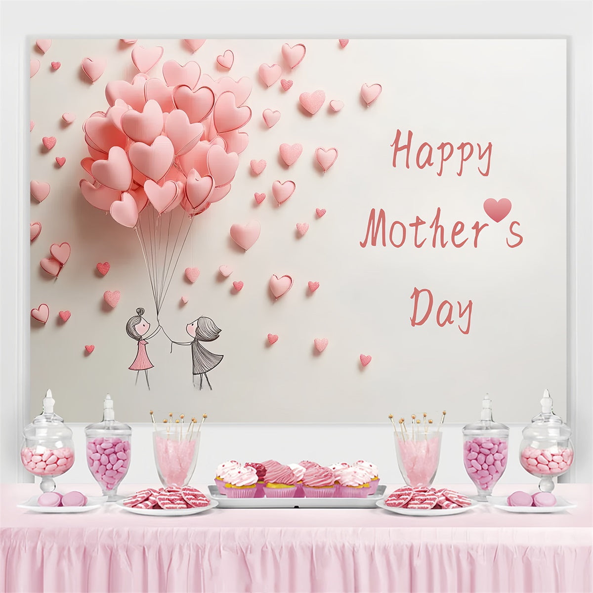 Mothers Day Photo Backdrop Pink Heart Balloons Customized Backdrop CSH3-100