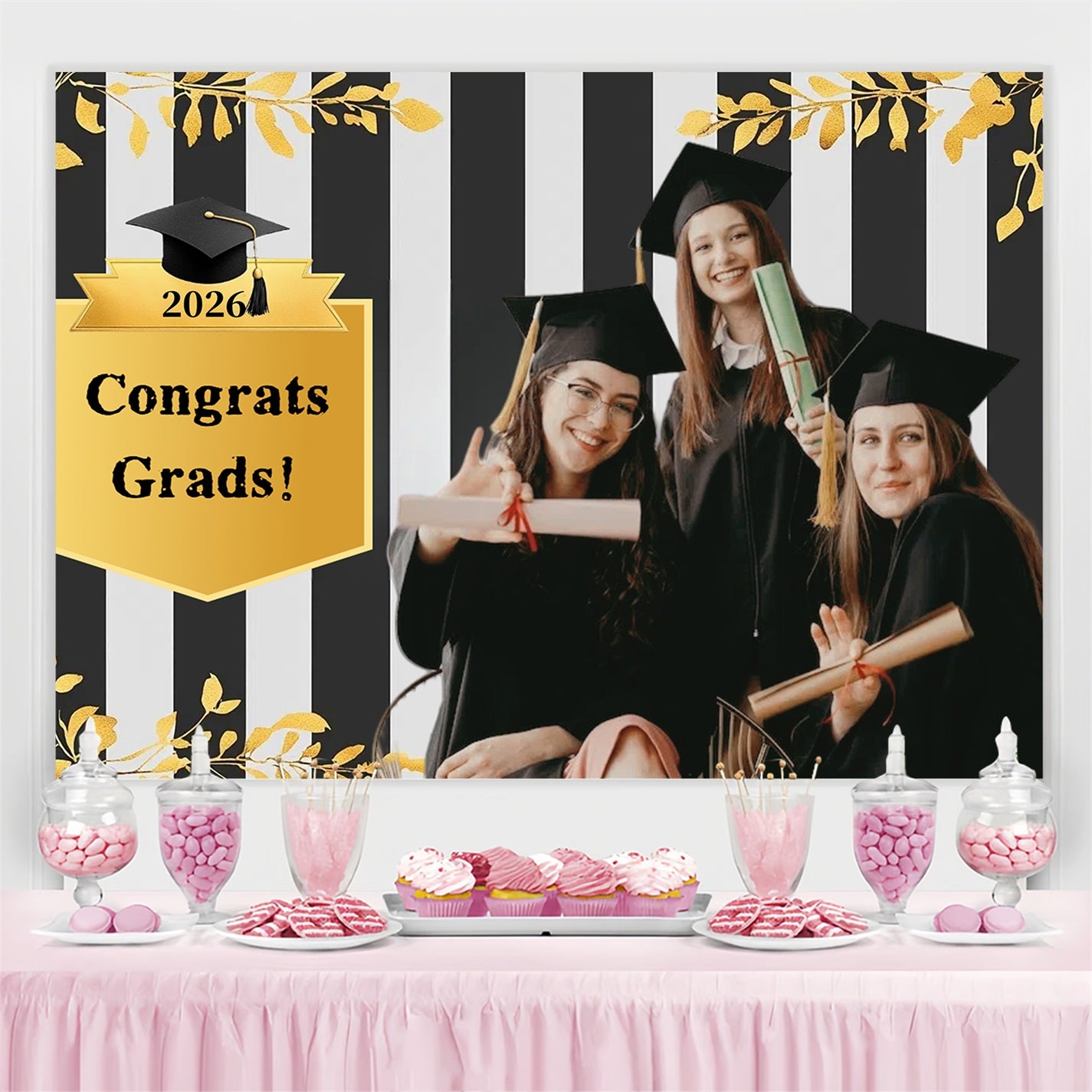 Custom Graduation Backdrop Black Striped Gold Trim Graduation Backdrop CSH3-254