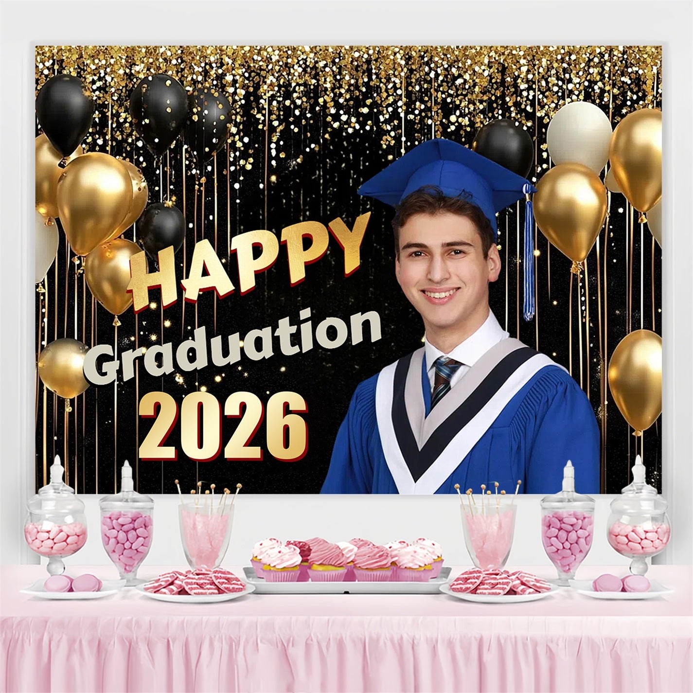 Personalized Graduation Backdrop Sparkling Balloons Graduation Party Backdrop CSH3-261