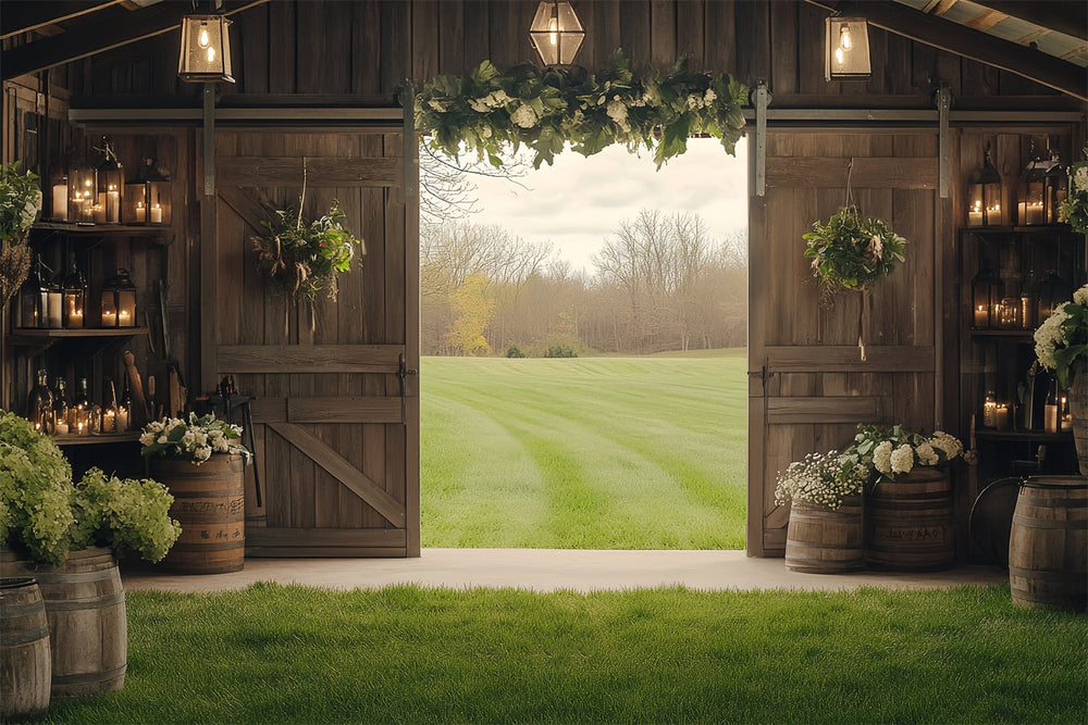 Barn Wood Backdrop Wooden Flower Green Field Backdrop CSH4-218