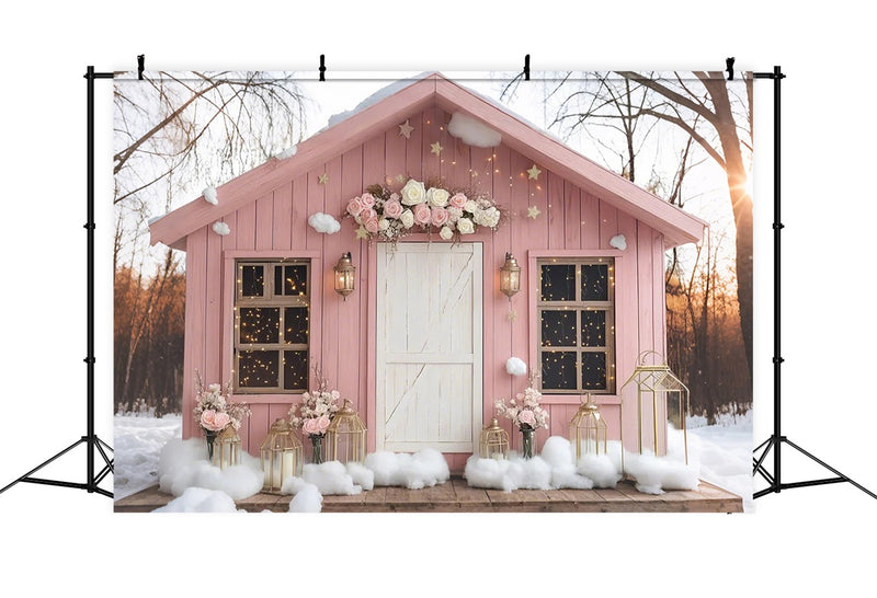 Pink Barn Backdrop House Snow Flowers Backdrop CSH4-226