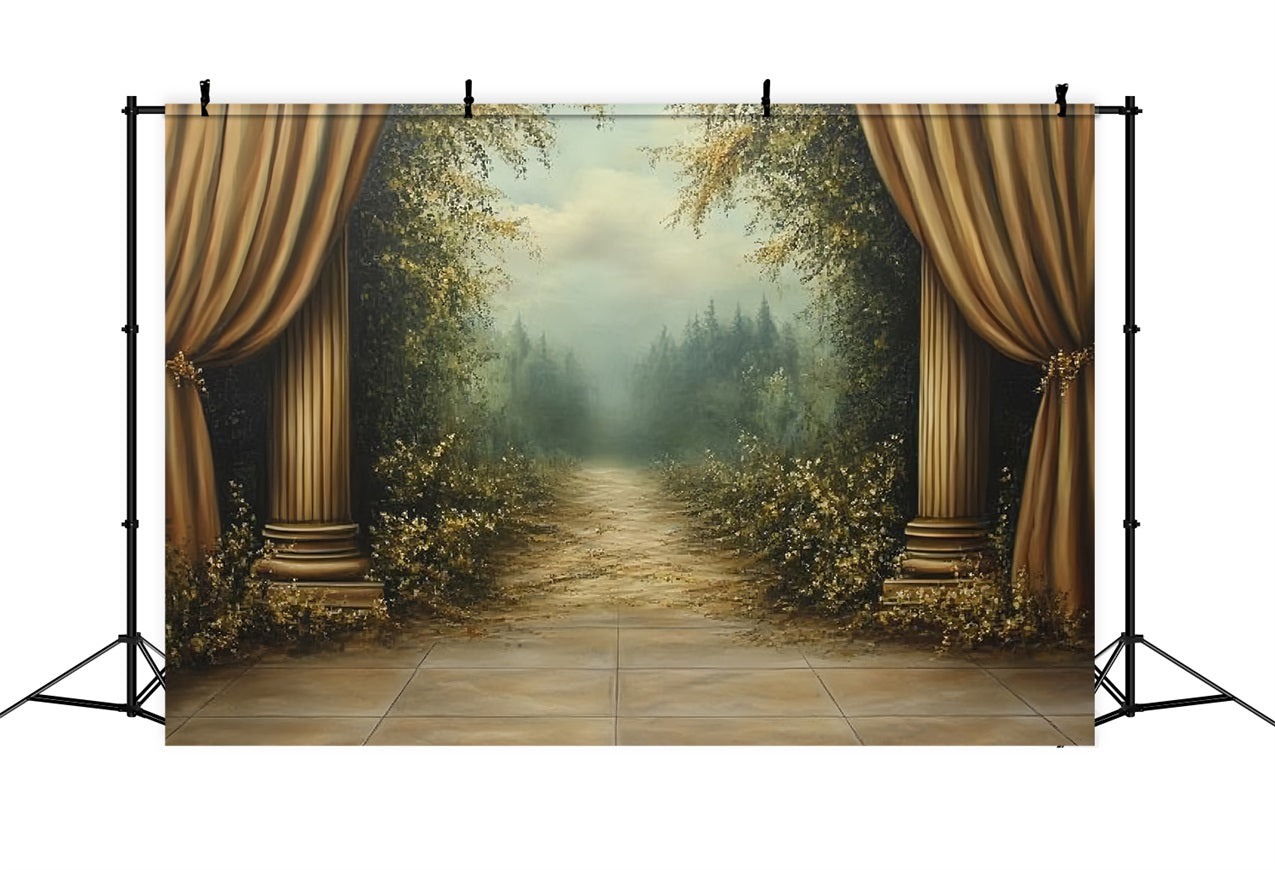 Victorian Backdrop Golden Curtains Forest Pathway Vintage Backdrop CSH4-269