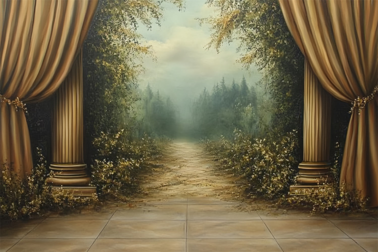 Victorian Backdrop Golden Curtains Forest Pathway Vintage Backdrop CSH4-269