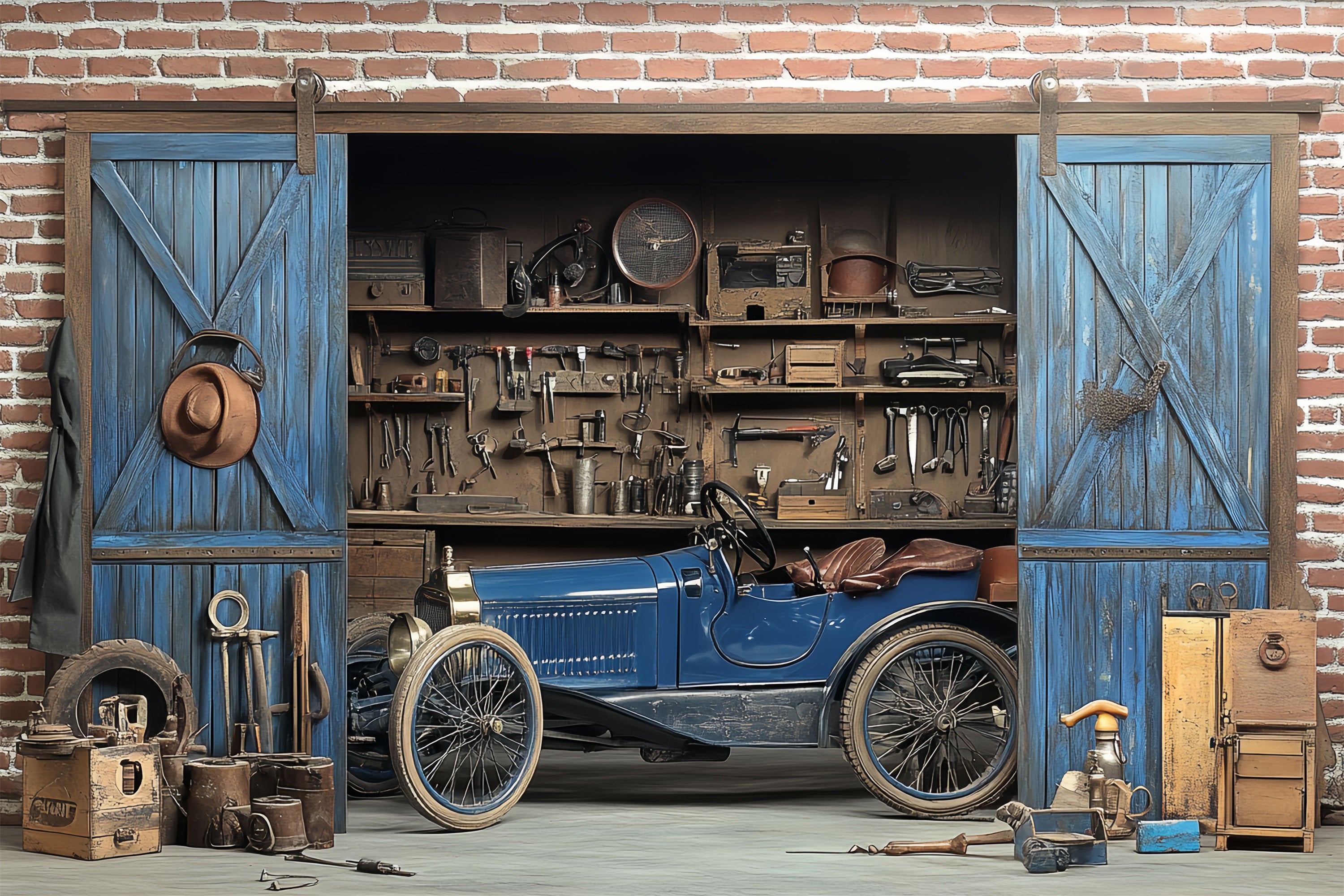 Antique Photo Backdrop Car Workshop Vintage Photography Backdrop CSH4-297