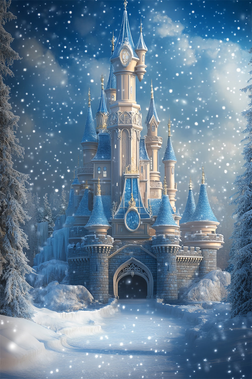 Frozen Castle Backdrop Winter Falling Snow Backdrop CSH4-323