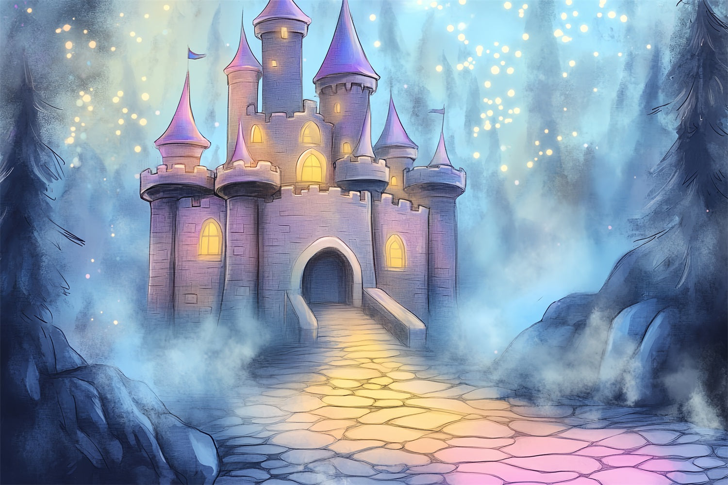 Castle Backdrop Magical Night Misty Forest Backdrop CSH4-335
