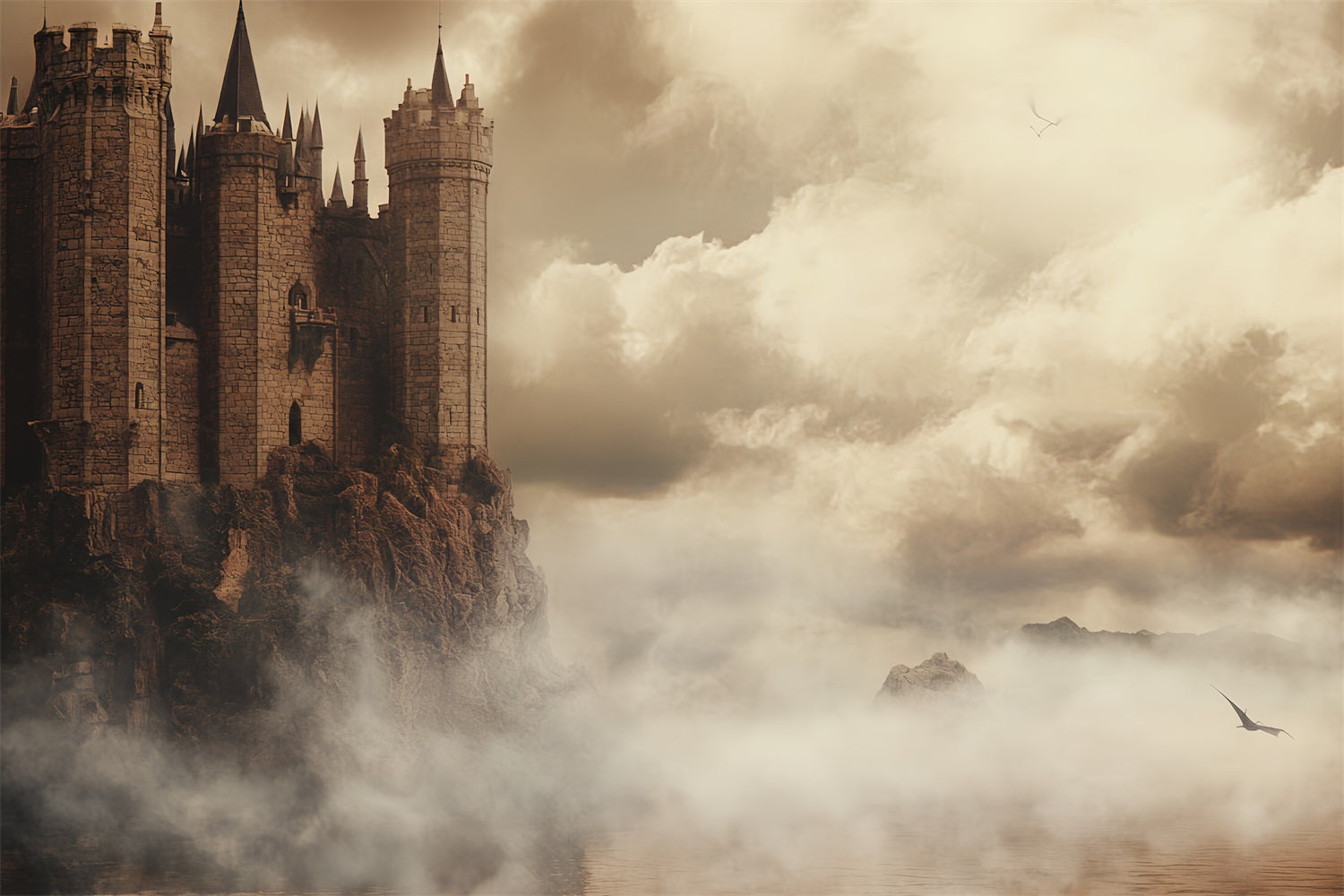 Castle Photo Backdrop Foggy Ocean Cliffs Backdrop CSH4-342