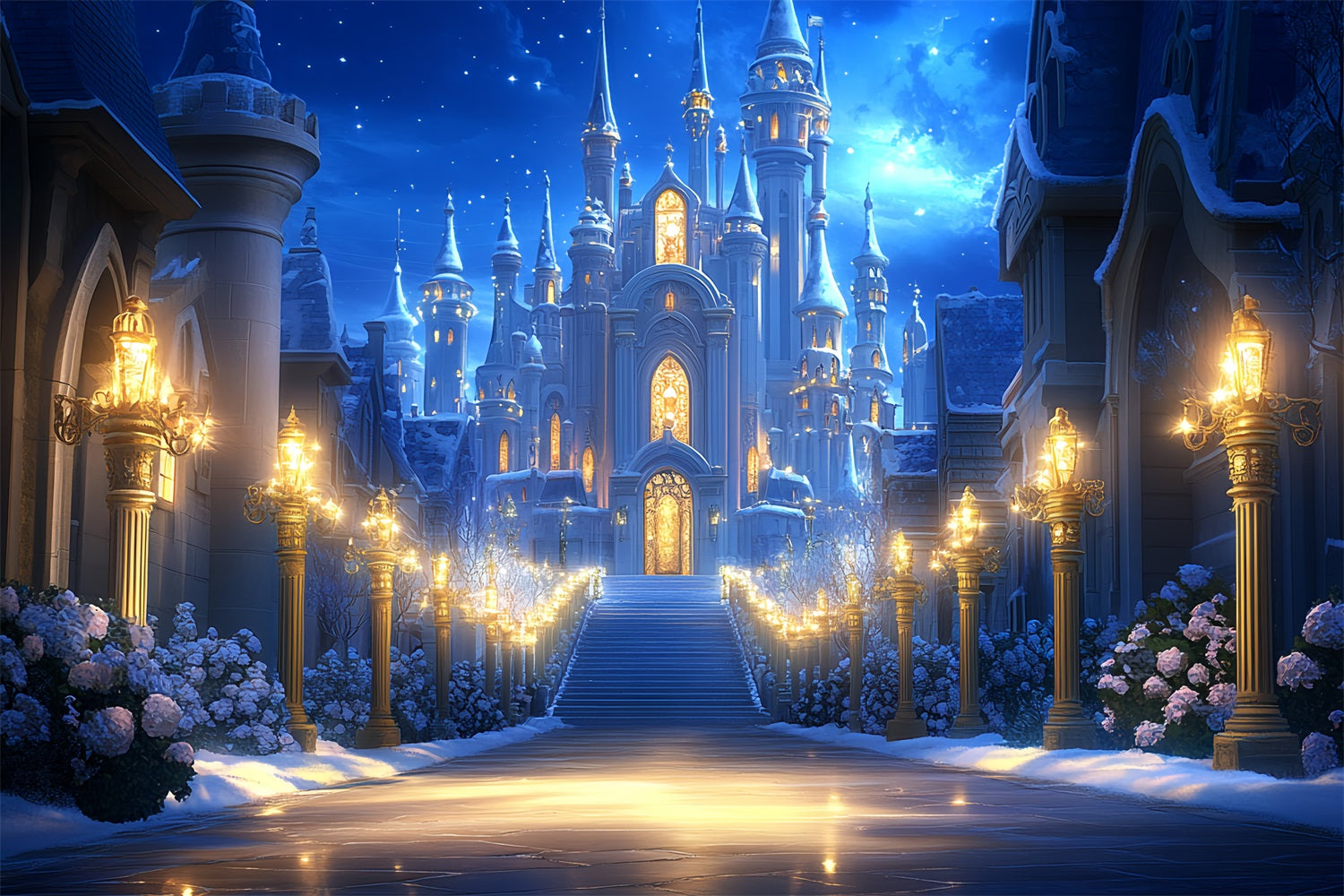Winter Castle Backdrop Starry Night Fairytale Snow Backdrop CSH4-346