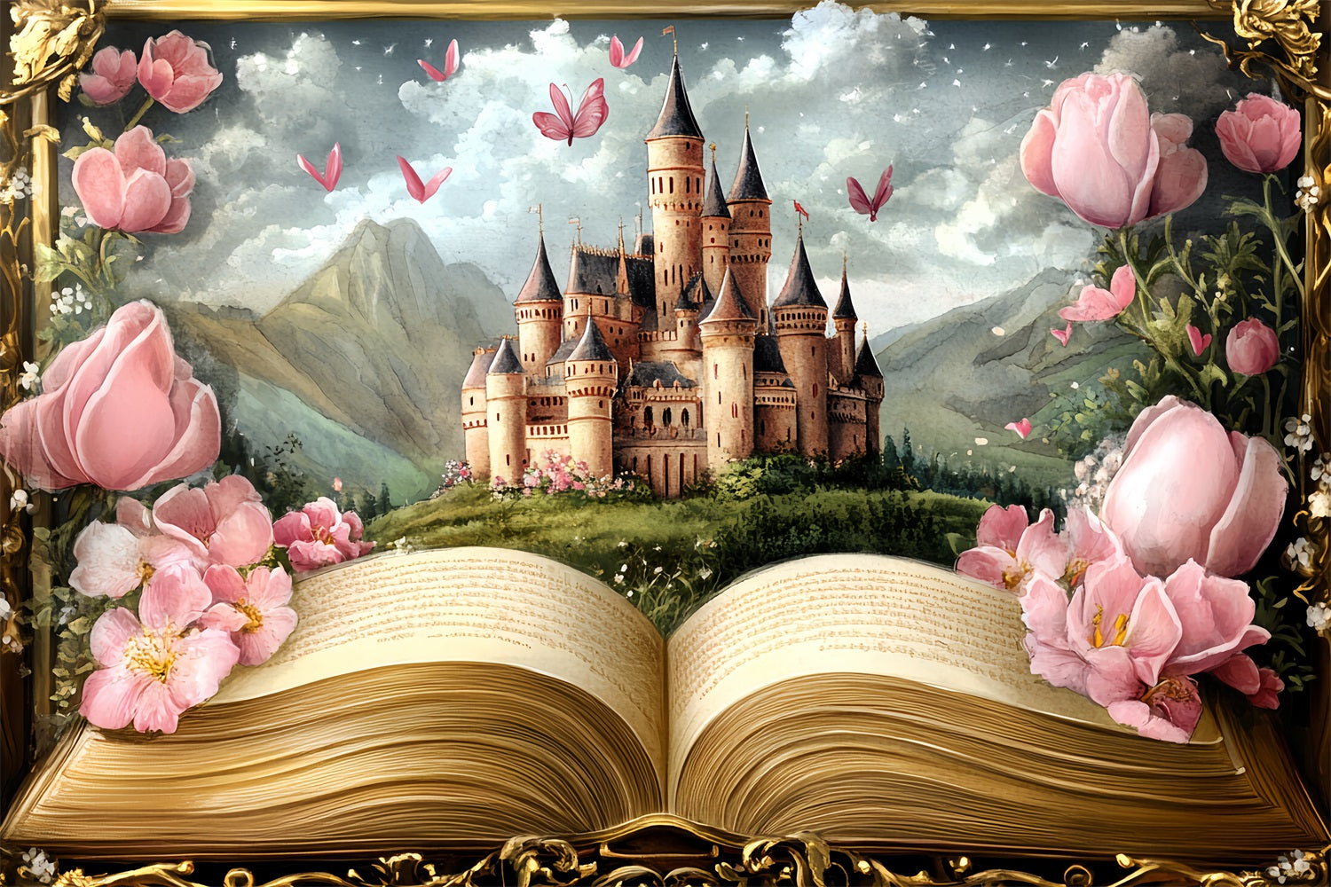 Princess Castle Backdrop Floral Story Scene Backdrop CSH4-348