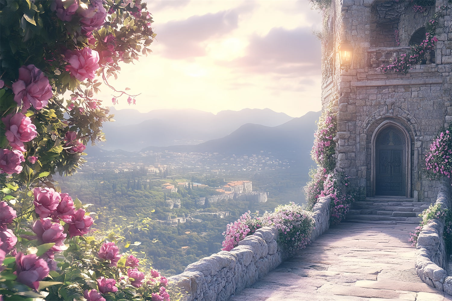 Castle Wall Backdrop Fairytale Trail of Flowers Backdrop CSH4-356