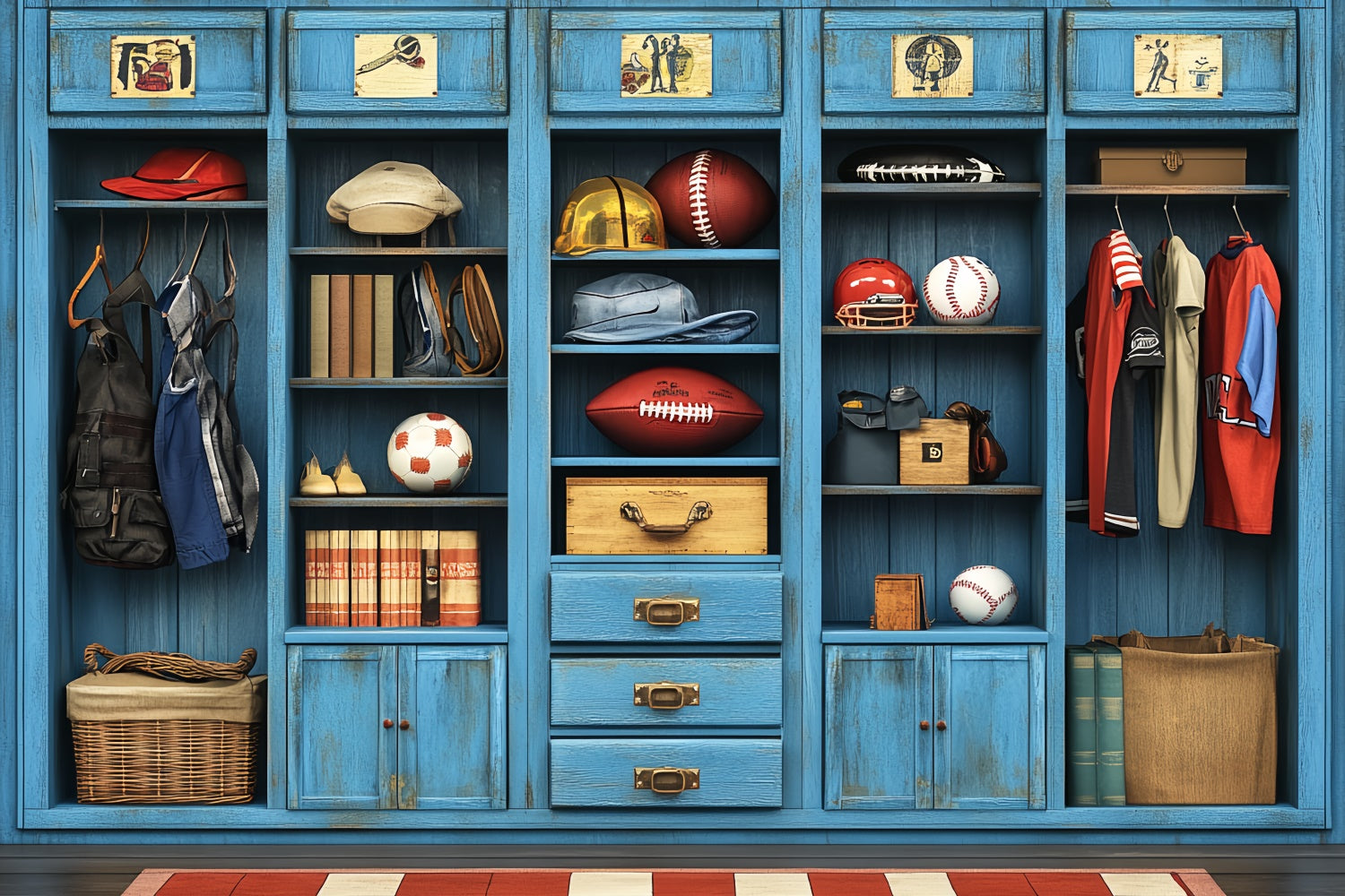 Sports Theme Backdrop Vintage Blue Sports Gear Backdrop CSH4-365