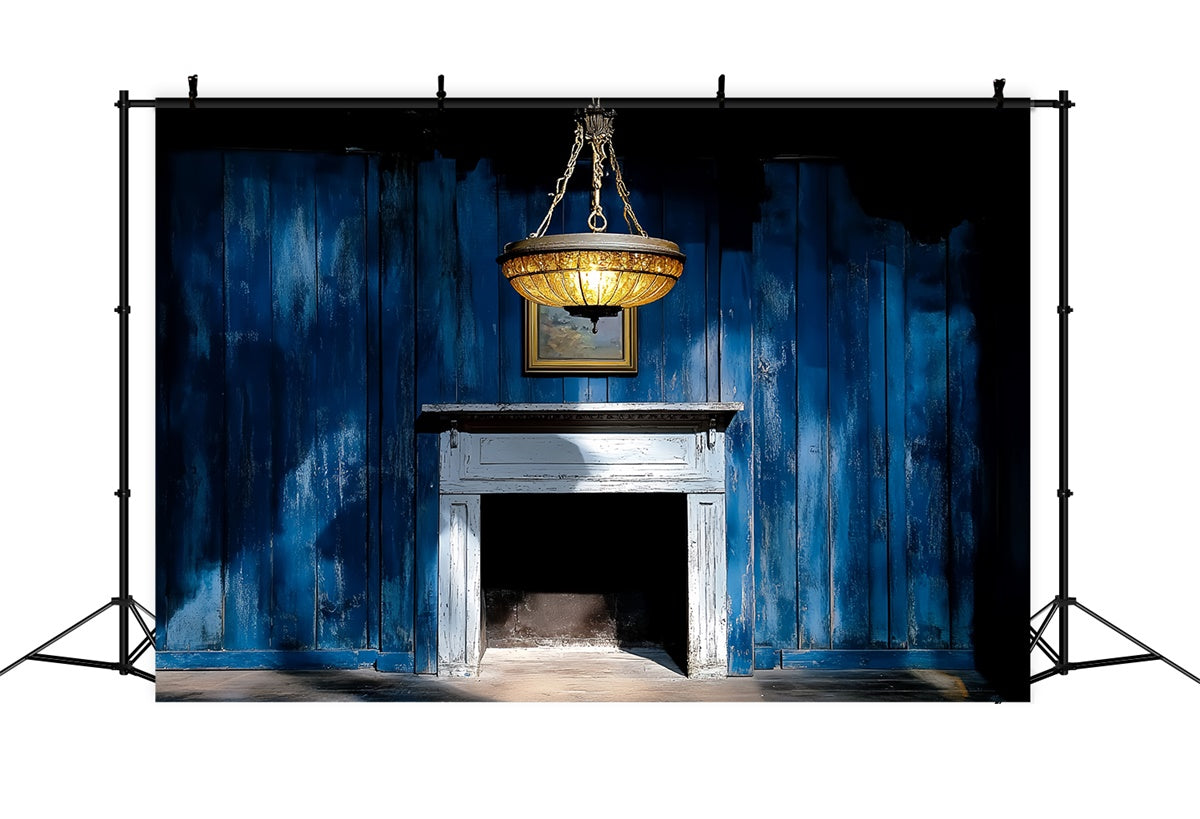 Retro Backdrop Blue Wooden Wall Fireplace Vintage Backdrops CSH4-398
