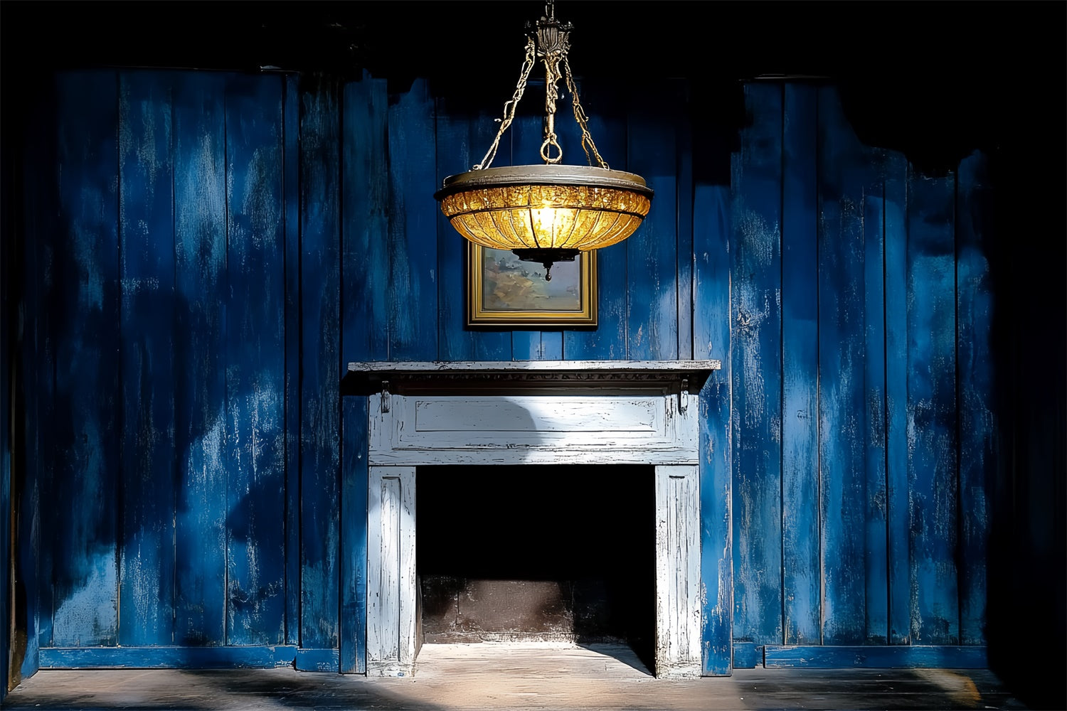 Retro Backdrop Blue Wooden Wall Fireplace Vintage Backdrops CSH4-398
