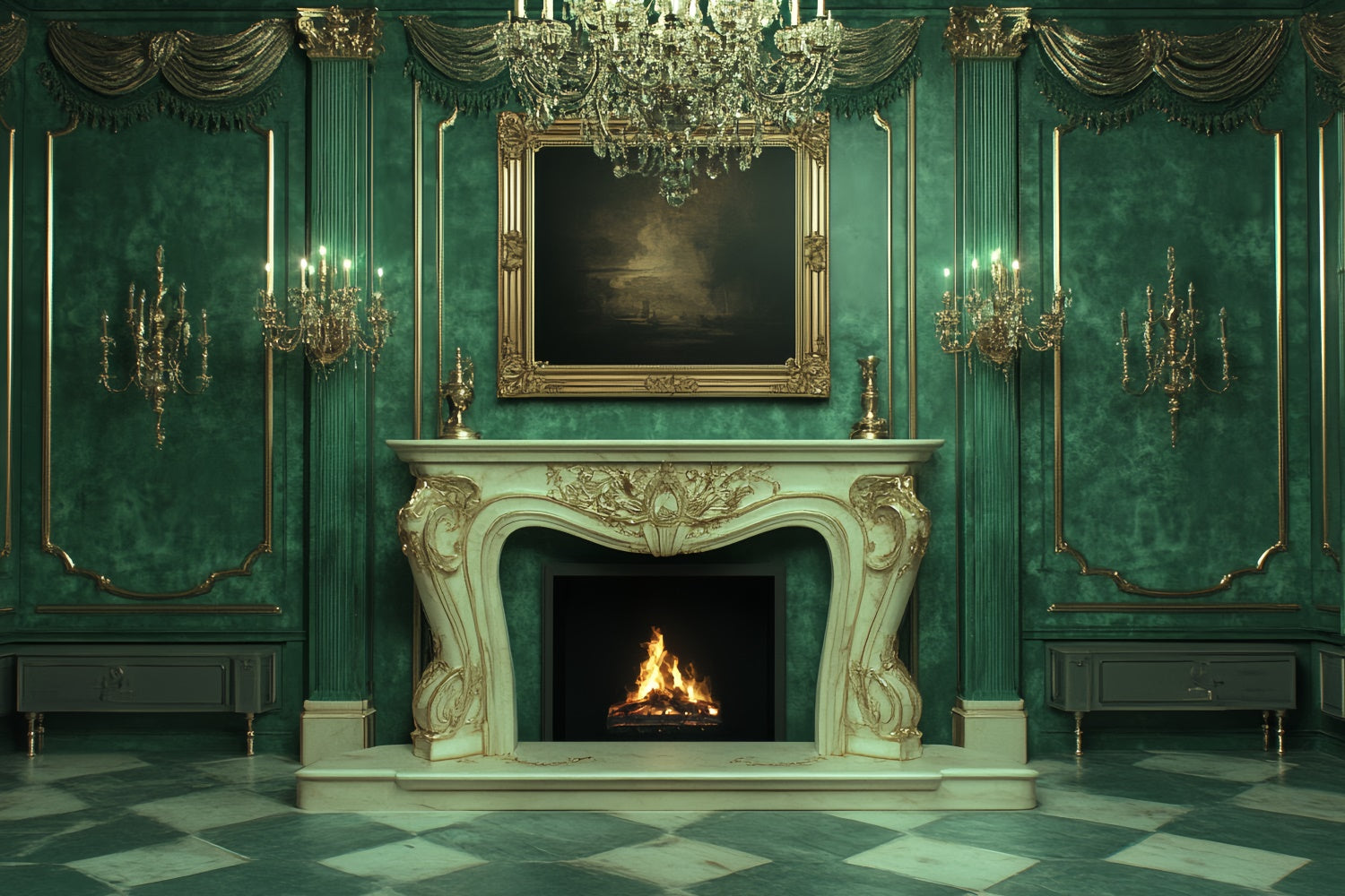 Victorian Inn Backdrop Victorian Photo Backdrop Luxurious Green Palace Vintage Backdrop CSH4-