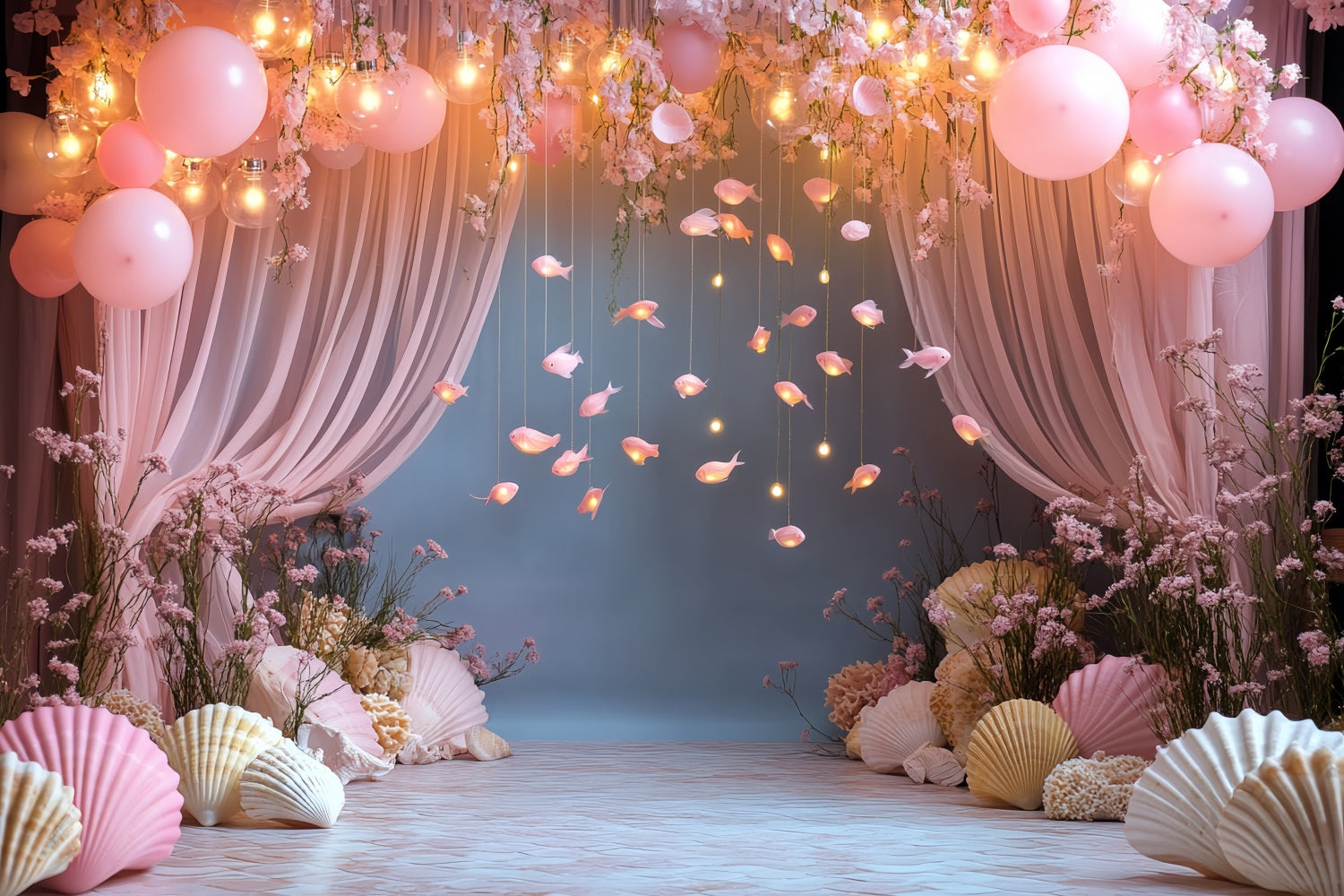 Summer Backdrop Pink Balloon Ocean Fish Backdrop CSH5-104