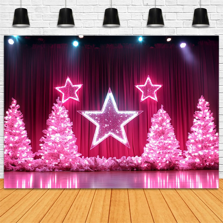Christmas Stage Backdrops Sparkling Pink Trees Star Backdrop CSH5-146