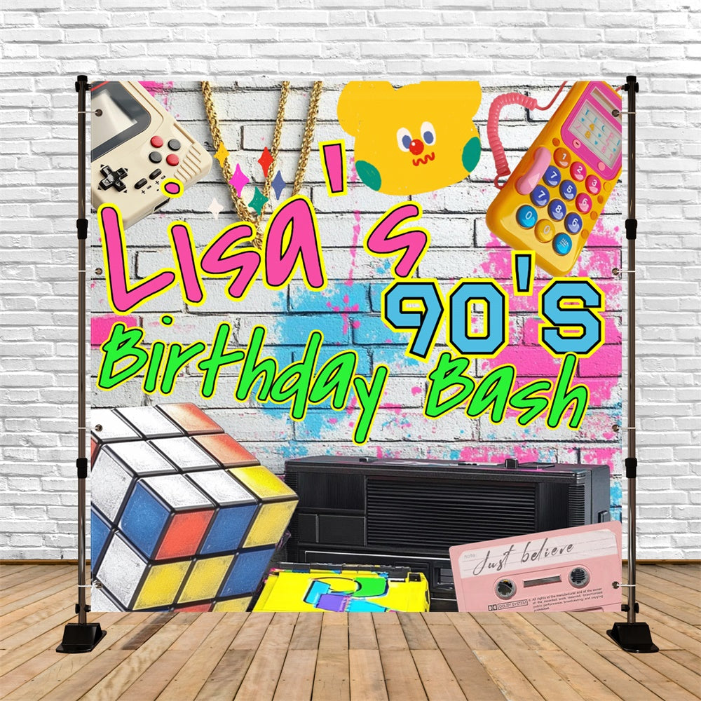 Personalized Birthday Backdrops Neon Brick Wall Vintage 90s Backdrop CSH5-19