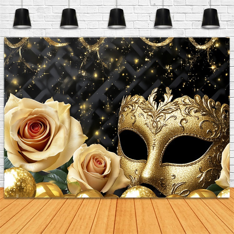 Masquerade Party Backdrop Elegant Gold Mask Rose Backdrop CSH5-219