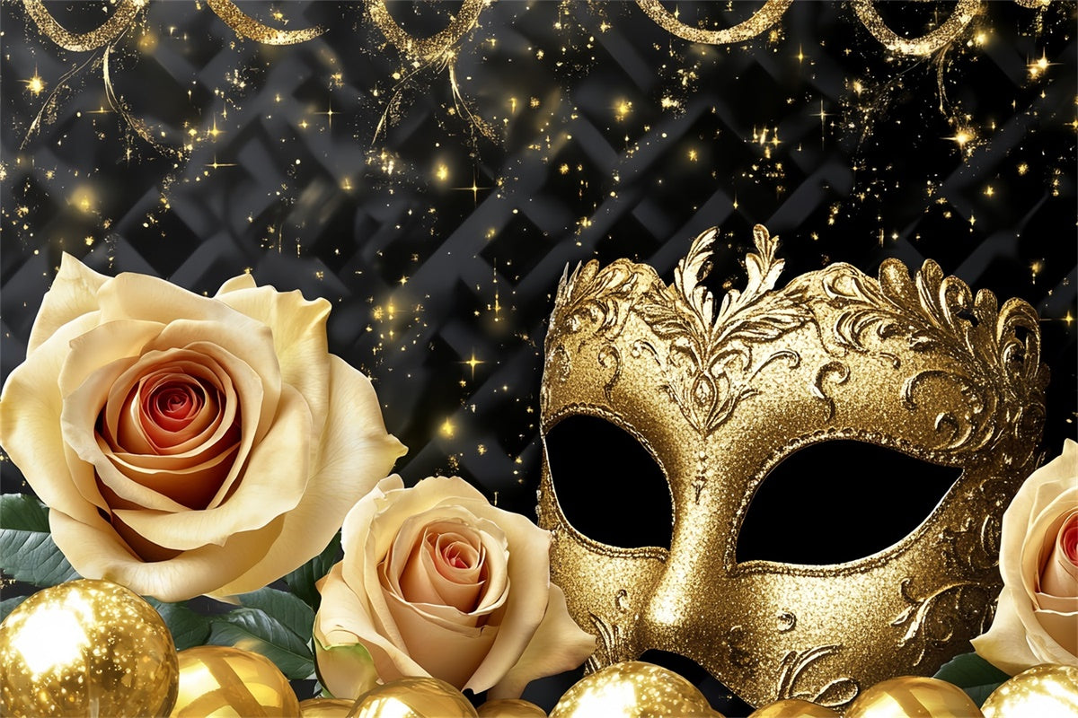 Masquerade Party Backdrop Elegant Gold Mask Rose Backdrop CSH5-219