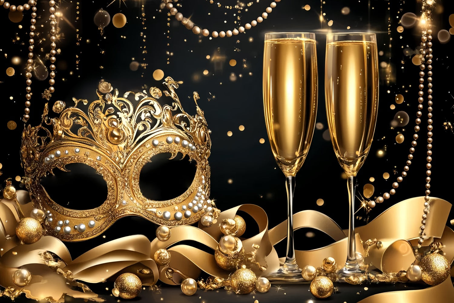 Masquerade Backdrop Design Pearls Champagne Glam Mask Backdrop CSH5-226