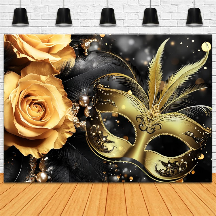 Masquerade Party Ideas Black Feather Floral Mask Backdrop CSH5-228