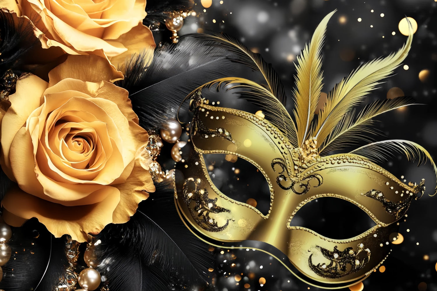Masquerade Party Ideas Black Feather Floral Mask Backdrop CSH5-228