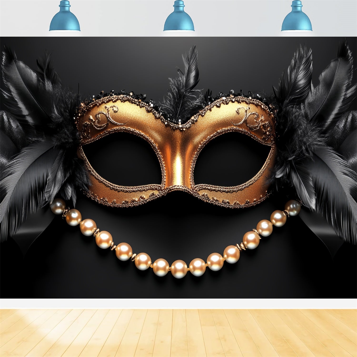 Masquerade Party Backdrop Black Feather Gold Pearl Backdrop CSH5-230