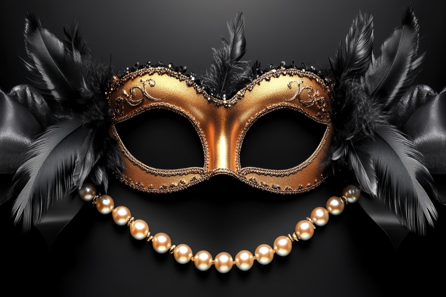 Masquerade Party Backdrop Black Feather Gold Pearl Backdrop CSH5-230