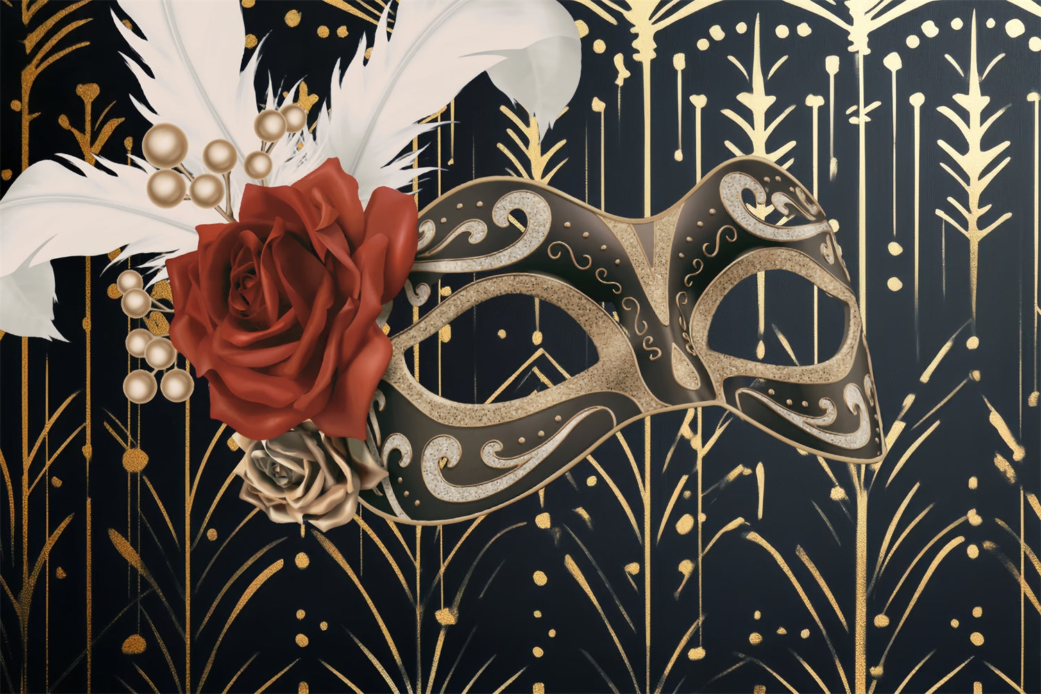 Masquerade Backdrop Ideas Golden Pattern Rose Mask Backdrop CSH5-237