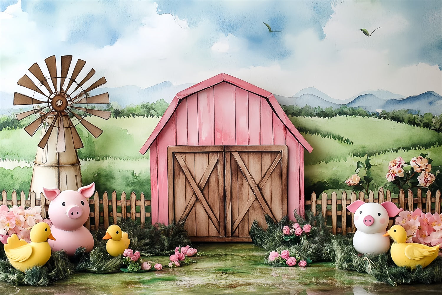 Barn Backdrop Pink Barn Country Critters Backdrop CSH5-299
