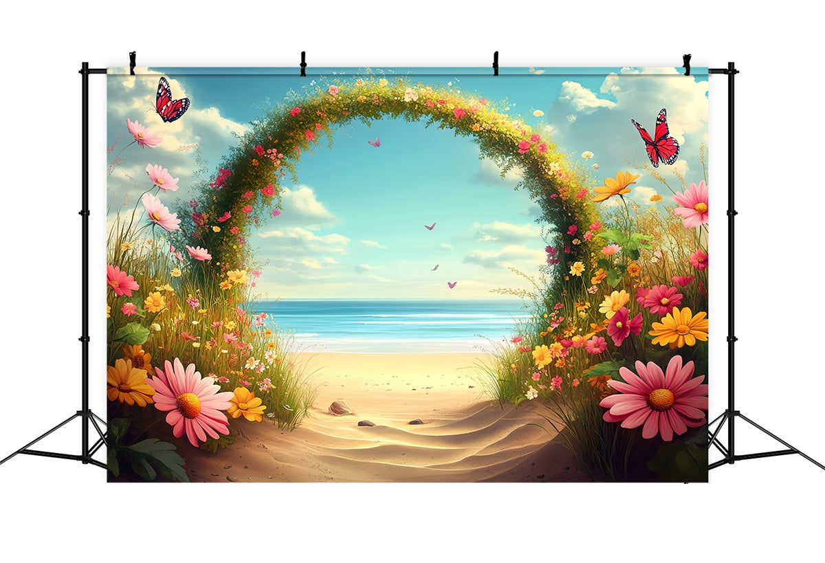 Beach Photo Backdrop Flowers Butterflies Summer Backdrop CSH5-80